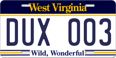 WV license plate DUX003