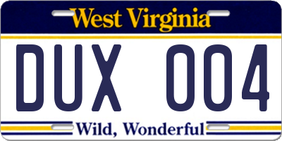 WV license plate DUX004