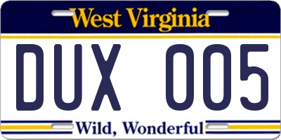 WV license plate DUX005