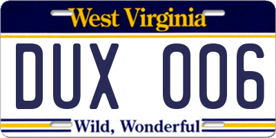 WV license plate DUX006