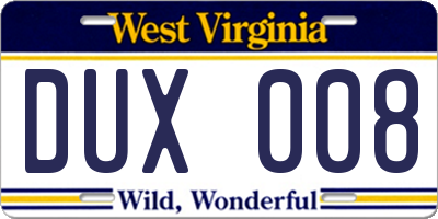 WV license plate DUX008