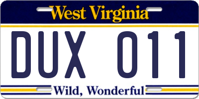 WV license plate DUX011