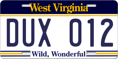 WV license plate DUX012