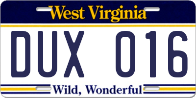 WV license plate DUX016