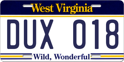 WV license plate DUX018