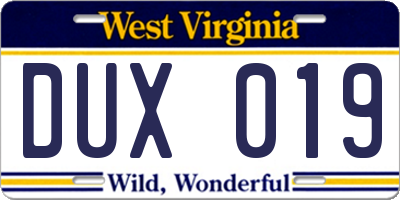 WV license plate DUX019
