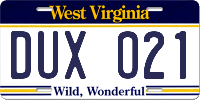 WV license plate DUX021