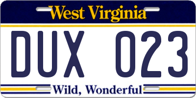 WV license plate DUX023