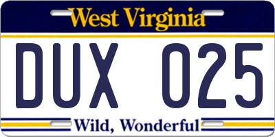 WV license plate DUX025