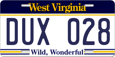 WV license plate DUX028