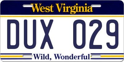 WV license plate DUX029