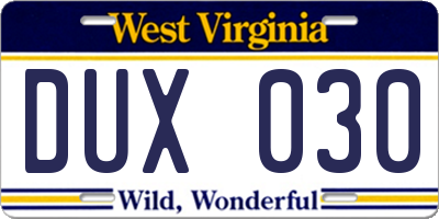 WV license plate DUX030