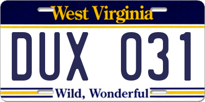 WV license plate DUX031
