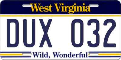WV license plate DUX032