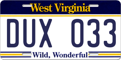 WV license plate DUX033
