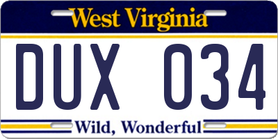 WV license plate DUX034