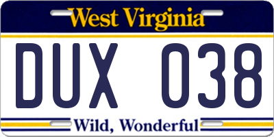 WV license plate DUX038