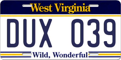 WV license plate DUX039