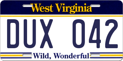 WV license plate DUX042