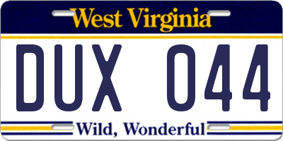 WV license plate DUX044