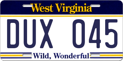 WV license plate DUX045