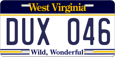 WV license plate DUX046