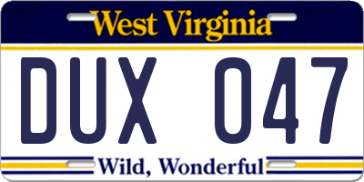 WV license plate DUX047