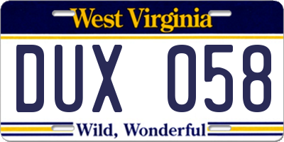 WV license plate DUX058