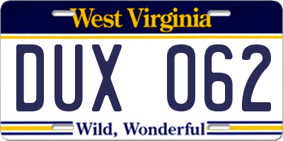 WV license plate DUX062
