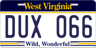 WV license plate DUX066