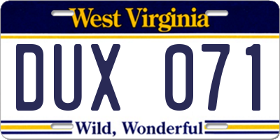 WV license plate DUX071