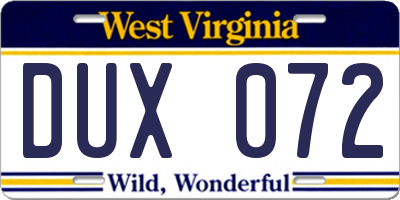 WV license plate DUX072