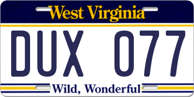 WV license plate DUX077