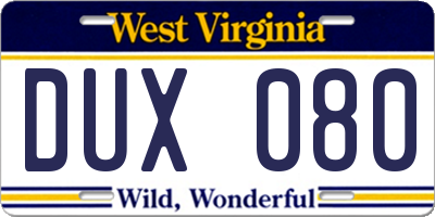 WV license plate DUX080