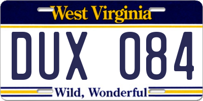 WV license plate DUX084