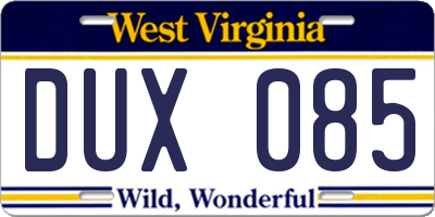 WV license plate DUX085