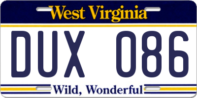 WV license plate DUX086
