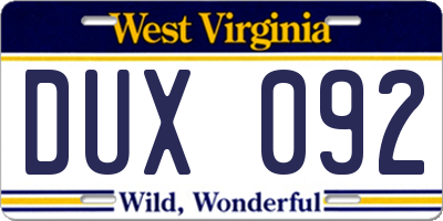 WV license plate DUX092