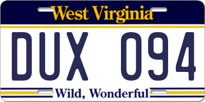 WV license plate DUX094