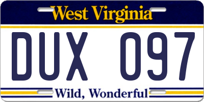 WV license plate DUX097