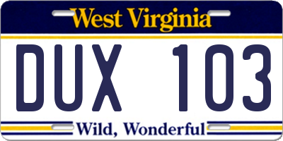 WV license plate DUX103