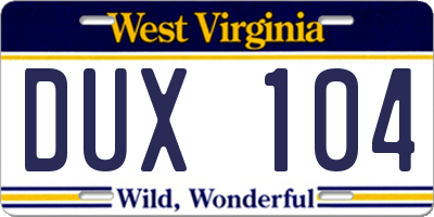 WV license plate DUX104