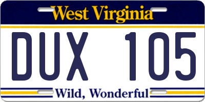 WV license plate DUX105