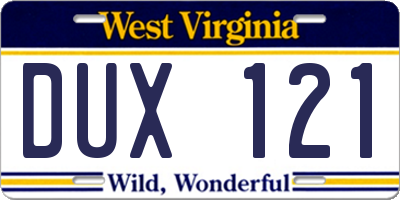 WV license plate DUX121