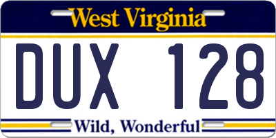 WV license plate DUX128