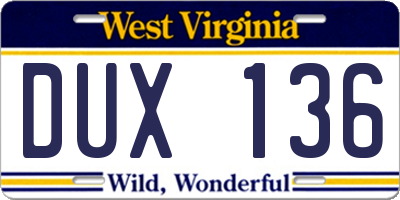 WV license plate DUX136