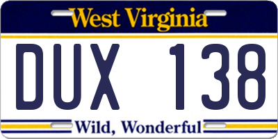 WV license plate DUX138