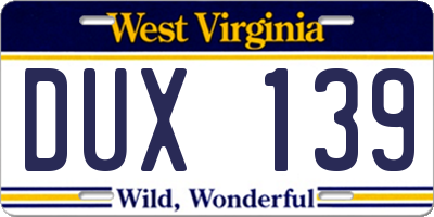 WV license plate DUX139
