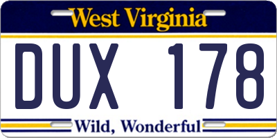 WV license plate DUX178
