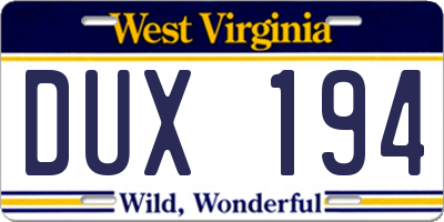 WV license plate DUX194